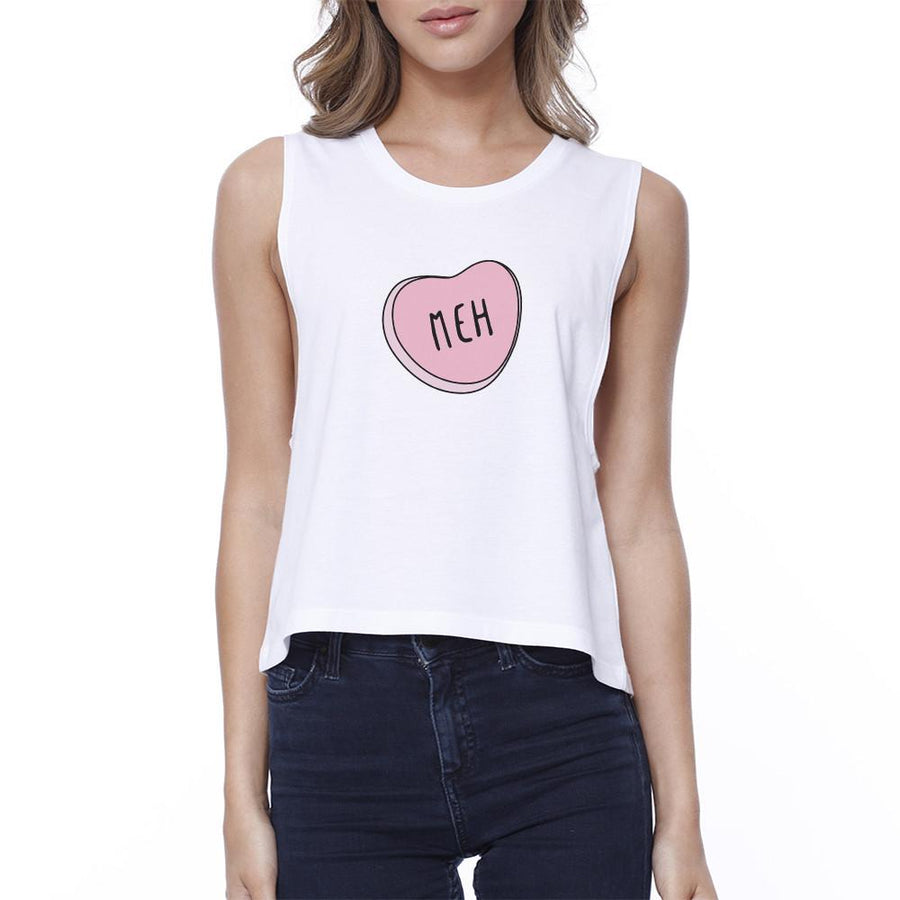Meh Cropped Pink Heart Print Women's Tank Top- White