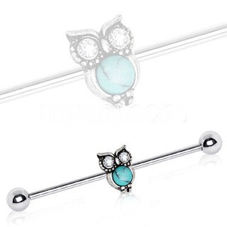 14g Stainless Steel Turquoise Owl Industrial Barbell