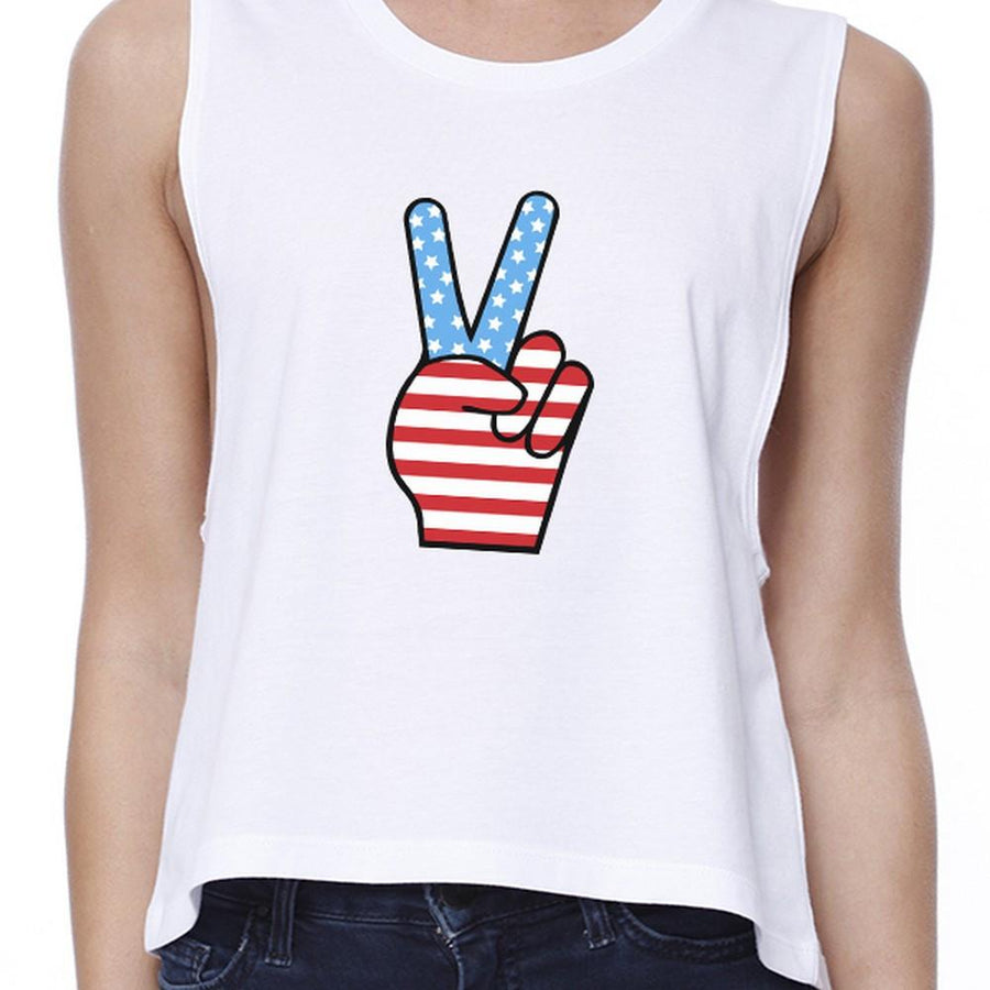 American Flag Peace Sign Cropped Tank- White