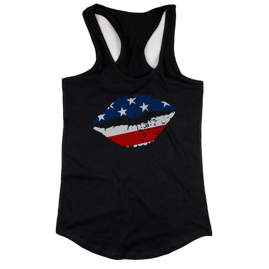 American Flag Lips Women's Racerback Tank Top- Black