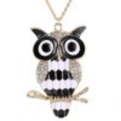 Rhinestone Owl Glazed Branch Pendant Sweater Chain - White And Black