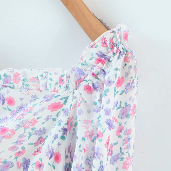 Women's Floral Print Puff Sleeve Short Dress- White