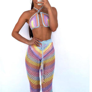 Women's Bohemian Multicolored Striped Crocheted Bikini Top & Pants Two-Piece Set
