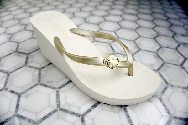 High Wedge Flip Flops with Gold Shell- 3 Colors
