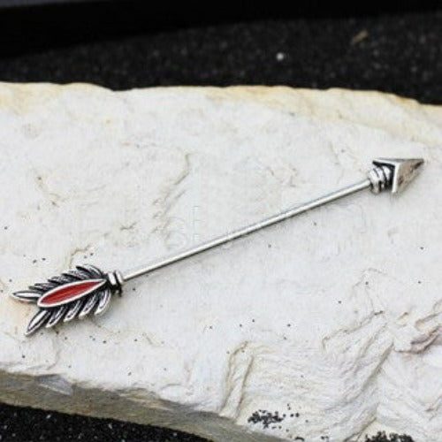 14g Stainless Steel Arrow Industrial Barbell With Red Feather