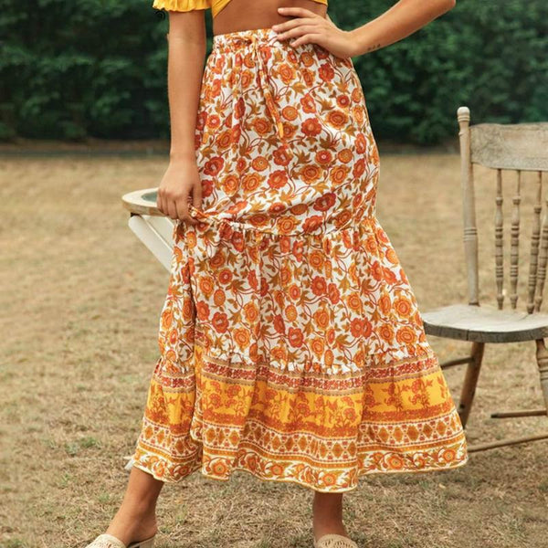 Women's Bohemian Floral Print Long Skirt- Orange & Yellow
