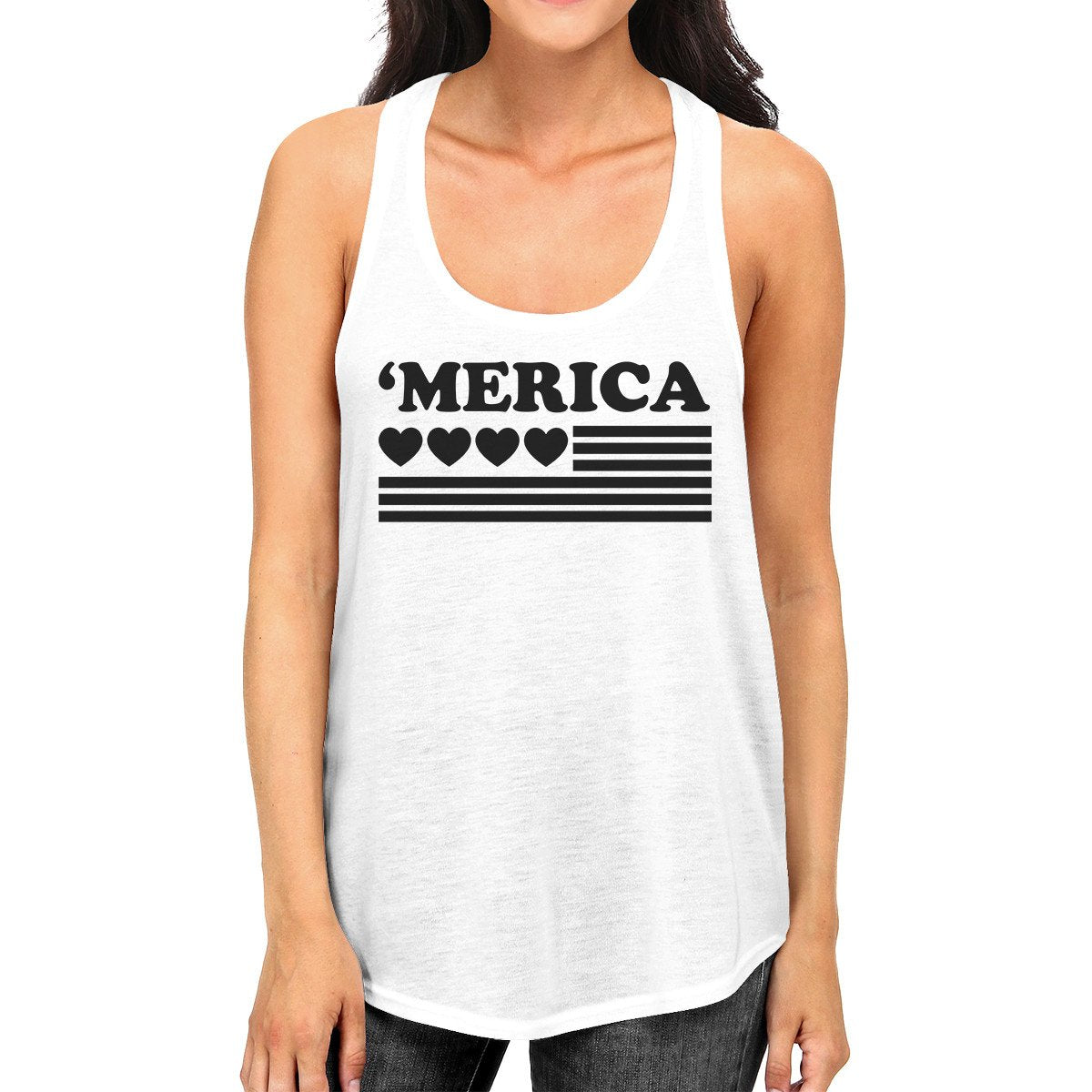 'Merica American Flag & Hearts Racer Back Women's Tank Top - White