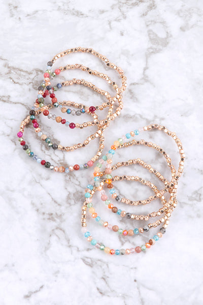 Brass, Stone, & Glass Four Beaded Bracelet Set- 5 Colors