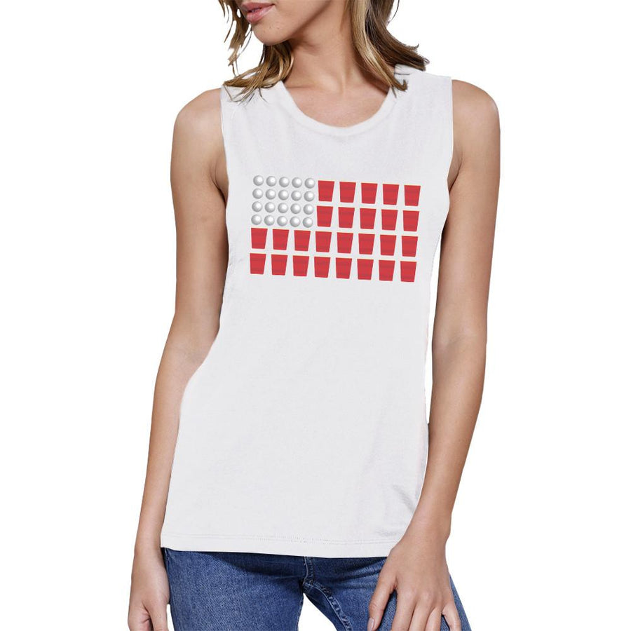Beer Pong American Flag Women's Muscle Tee- White