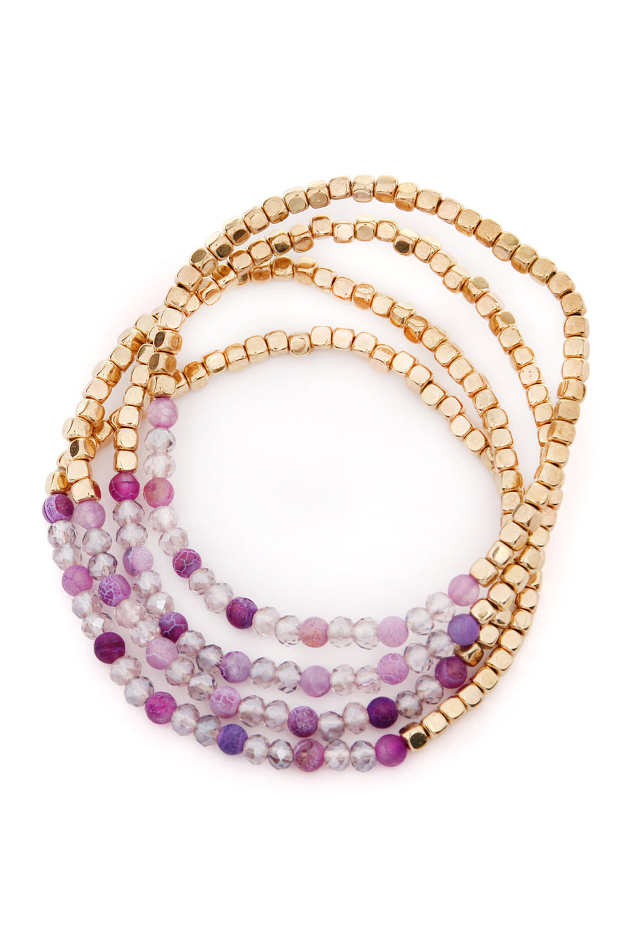 Brass, Stone, & Glass Four Beaded Bracelet Set- 5 Colors