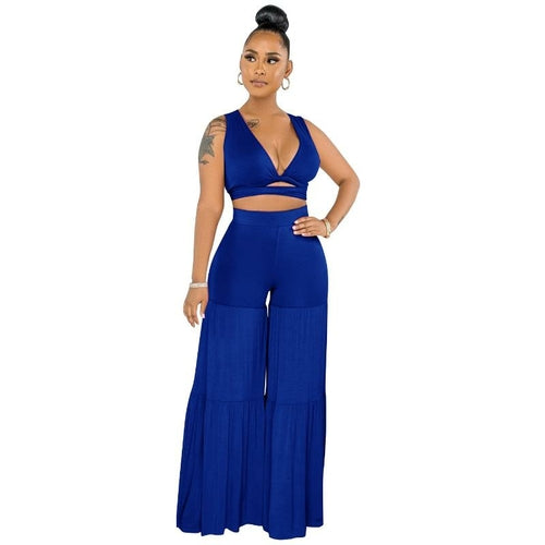Women's Cropped Wrap Top and Tiered Pants Two-Piece Suit- 3 Colors