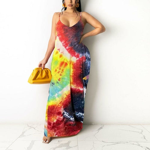 Women's Spaghetti Strap V-Neck Bold Tie-Dye Printed Maxi Dress