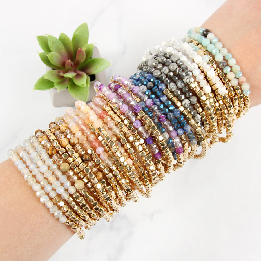 Brass, Stone, & Glass Four Beaded Bracelet Set- 5 Colors