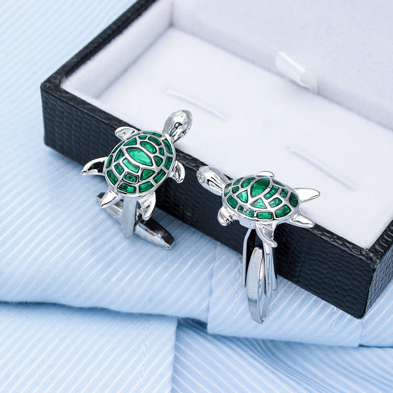 Silver & Green Turtle Cuff Links