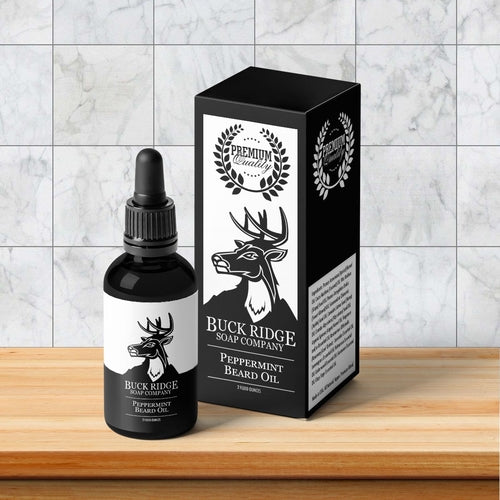 Buck Ridge Peppermint Premium Beard Oil on counter