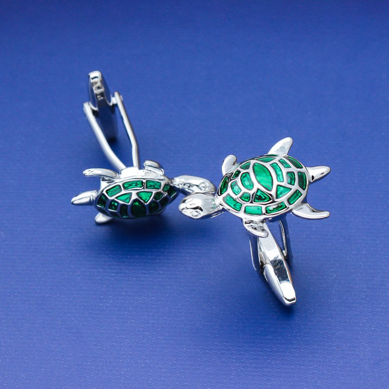 Silver & Green Turtle Cuff Links