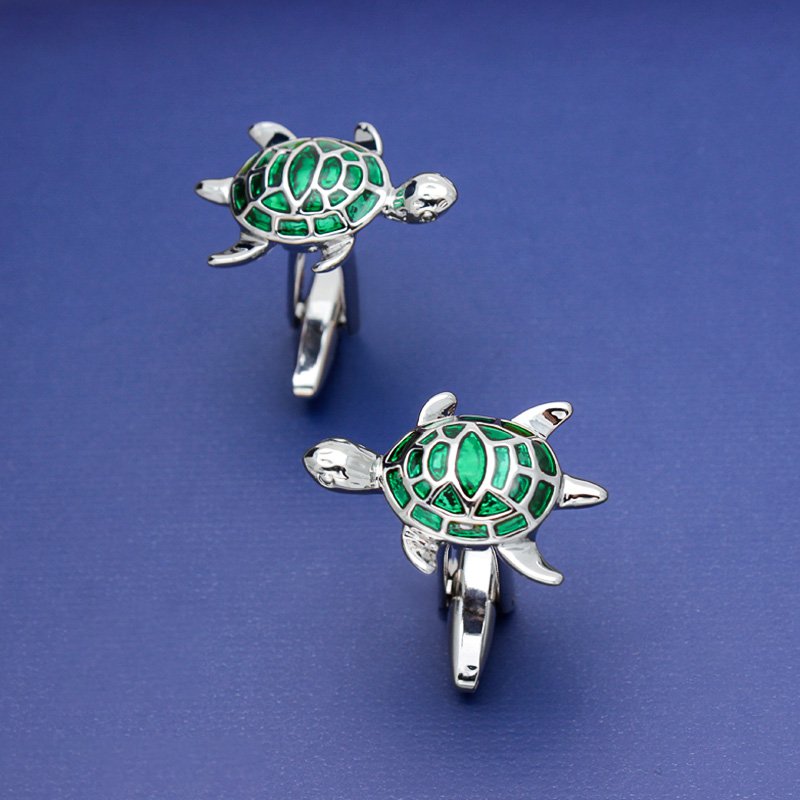 Silver & Green Turtle Cuff Links