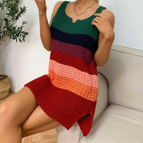 Women's Bold Striped Crocheted Mini Tank Dress