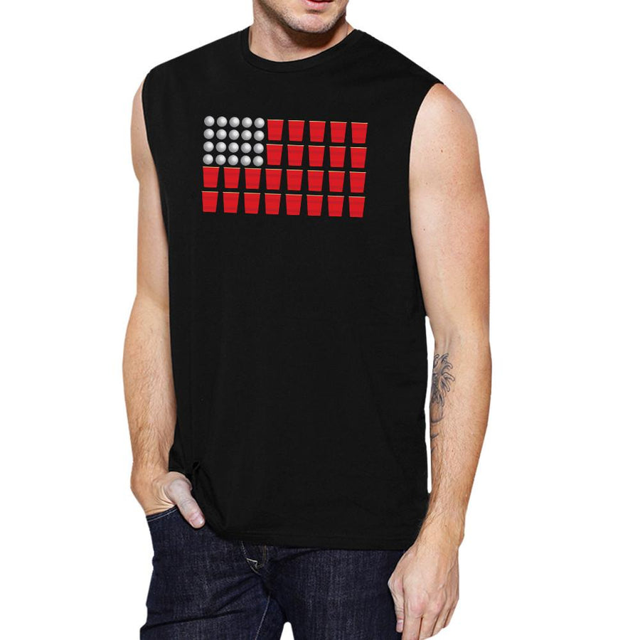 Beer Pong American Flag Men's Muscle Tee- Black