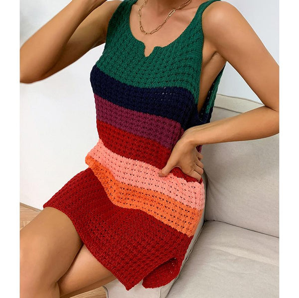 Women's Bold Striped Crocheted Mini Tank Dress