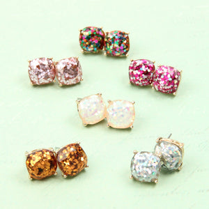 Glitter Cushion Cut Earrings- 4 Colors