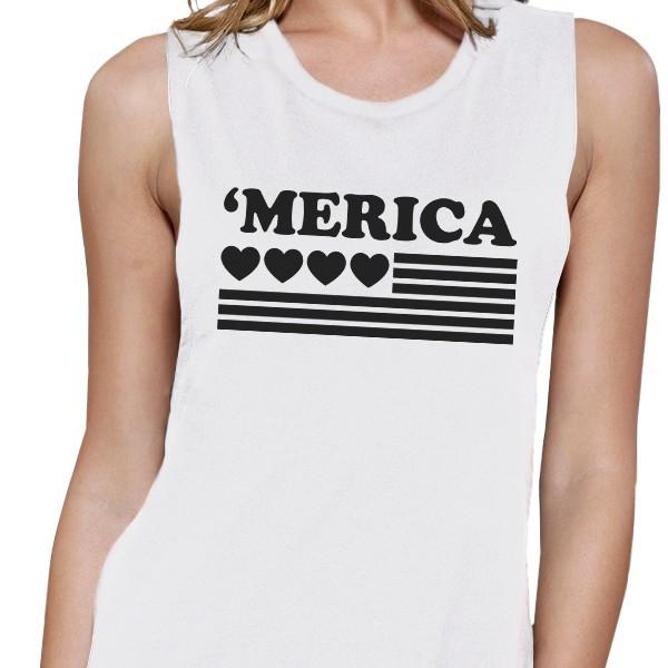 'Merica American Flag & Hearts Women's Muscle Tee - White