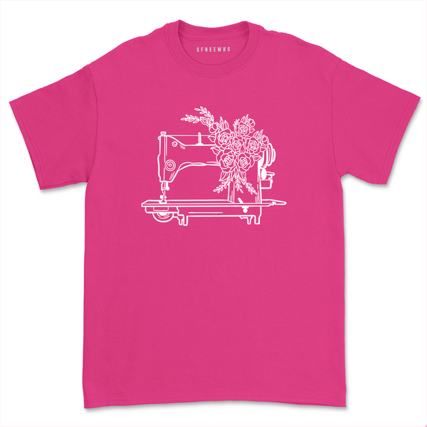 Floral Sewing Machine T-Shirt- Hot Pink