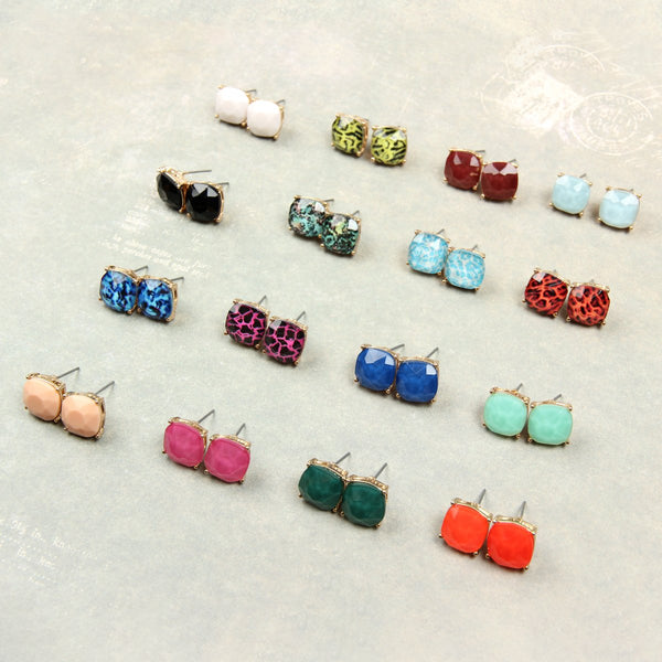 12mm Cushion Cut Post Earrings- 7 Colors