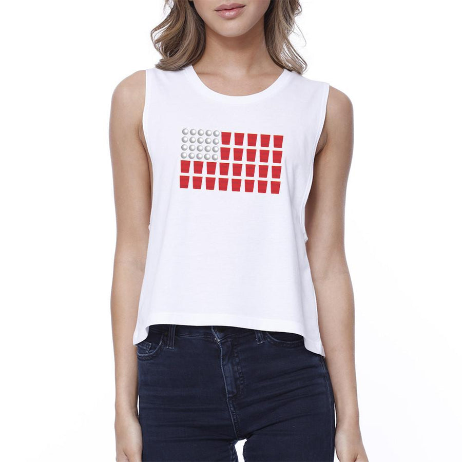 Beer Pong American Flag Crop Top- White