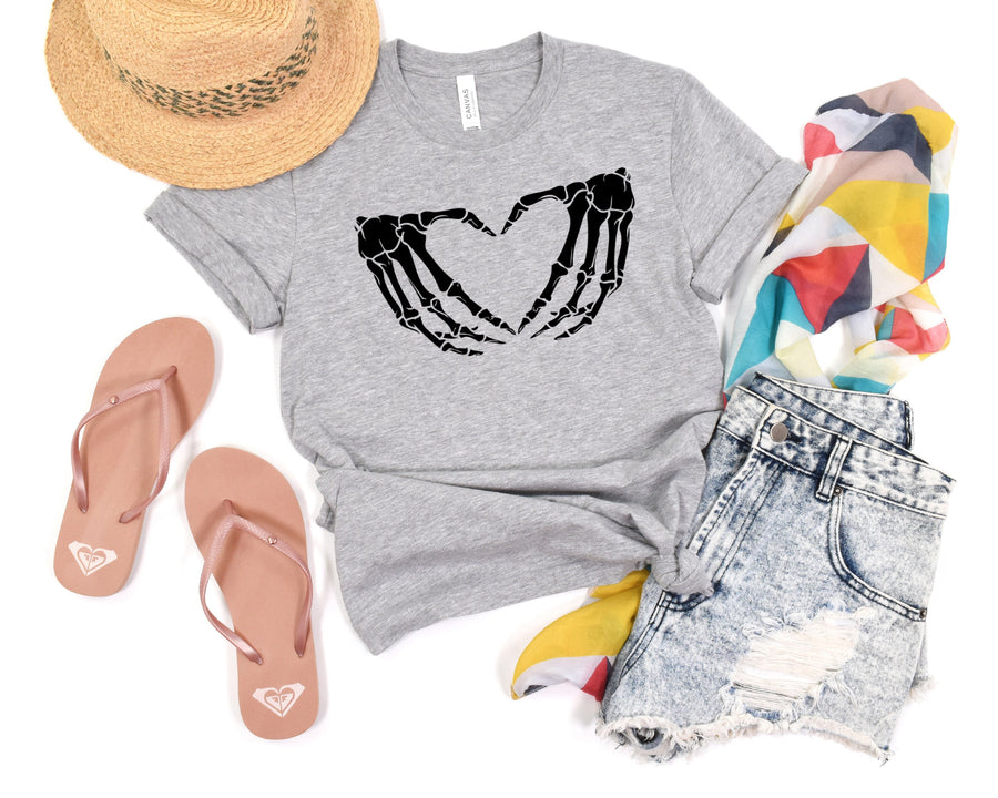 Unisex Skeleton Heart Hands T-Shirt- Heather Gray
