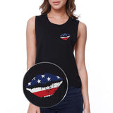 American Flag Lips Pocket Print Cropped Tank Top- Black