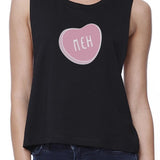 Meh Cropped Pink Heart Print Women's Tank Top- Black