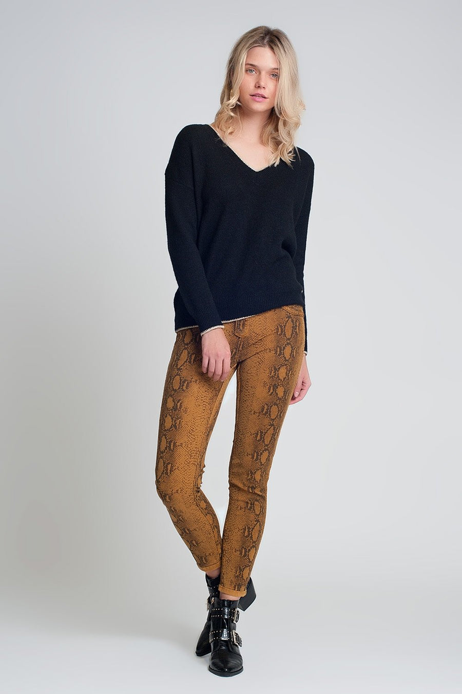 Mustard Reversible Snake Print Skinny Jeans