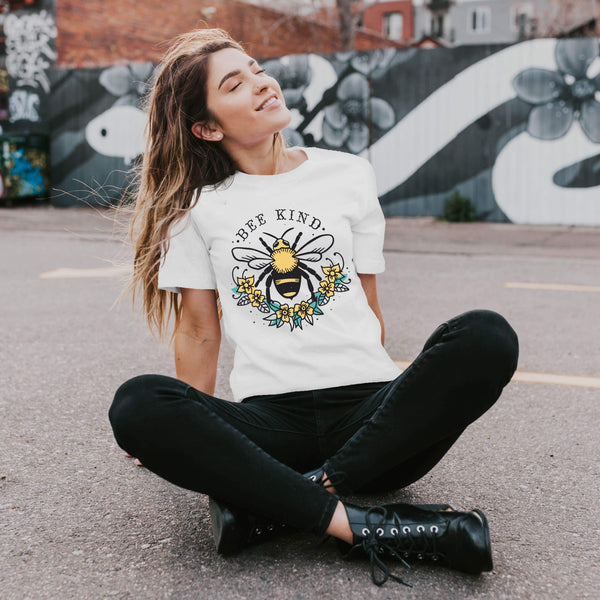 Bee Kind Floral T-Shirt- Heather Gray