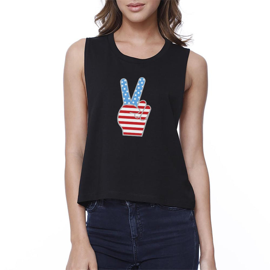 American Flag Peace Sign Cropped Tank- Black