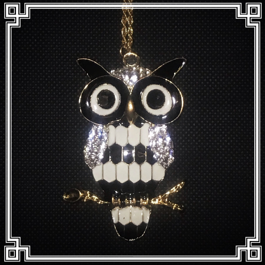 Rhinestone Owl Glazed Branch Pendant Sweater Chain - White And Black